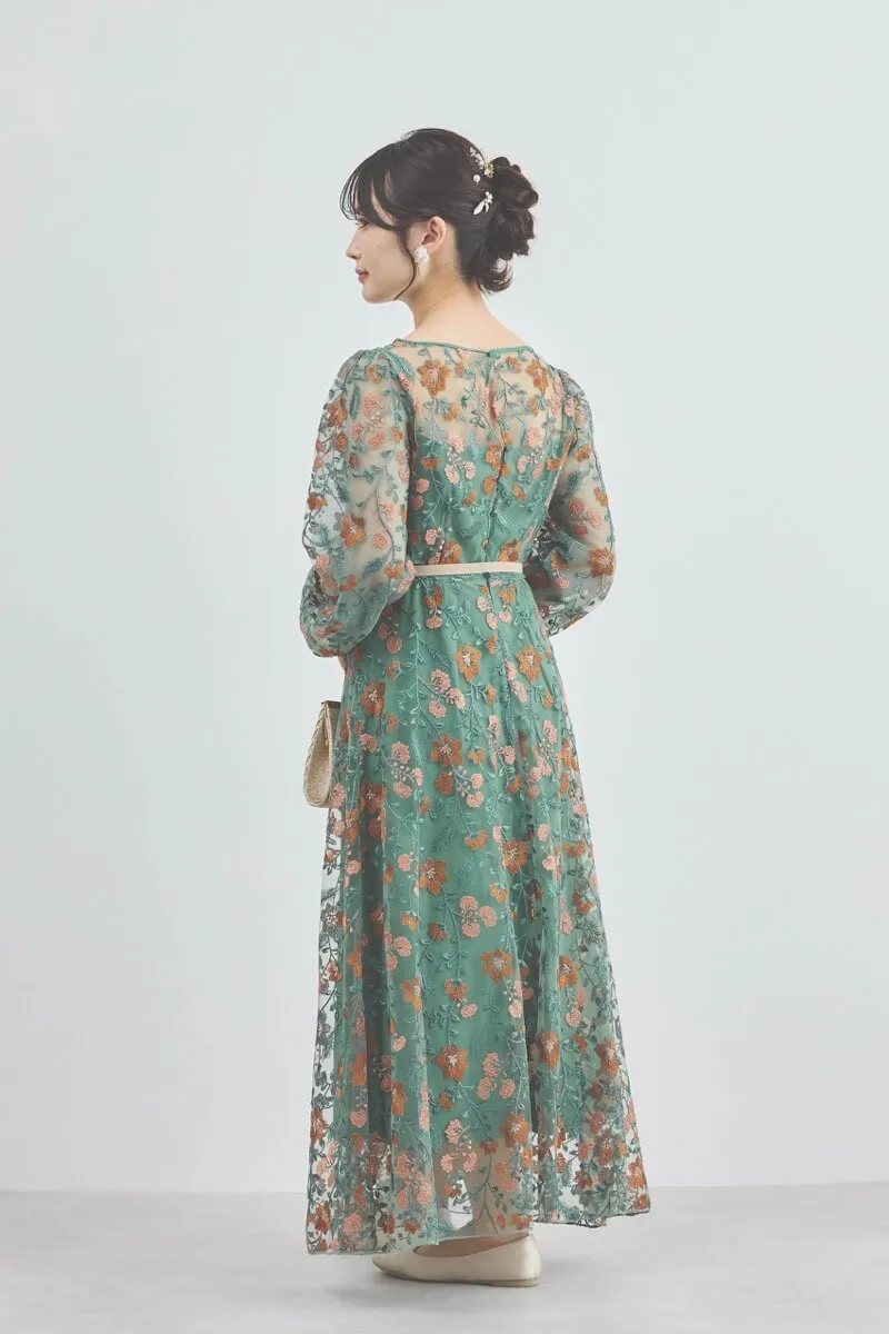 グリーンのフラワーエンブロイダリーオーガンジードレス