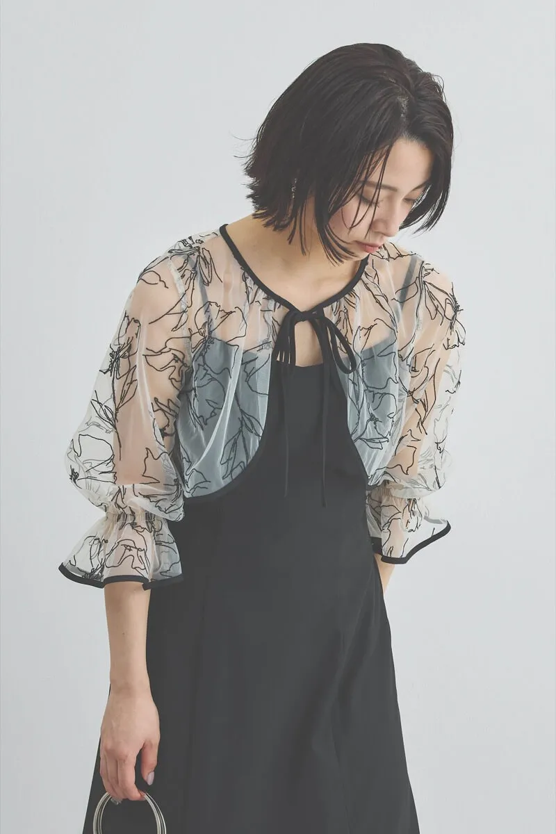 ブラックの線描フラワー刺繍ボレロセットドレス