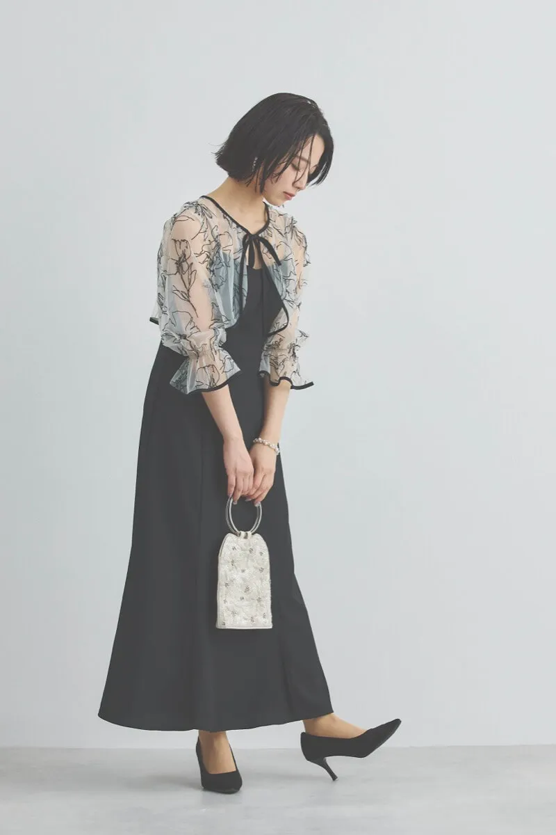 ブラックの線描フラワー刺繍ボレロセットドレス