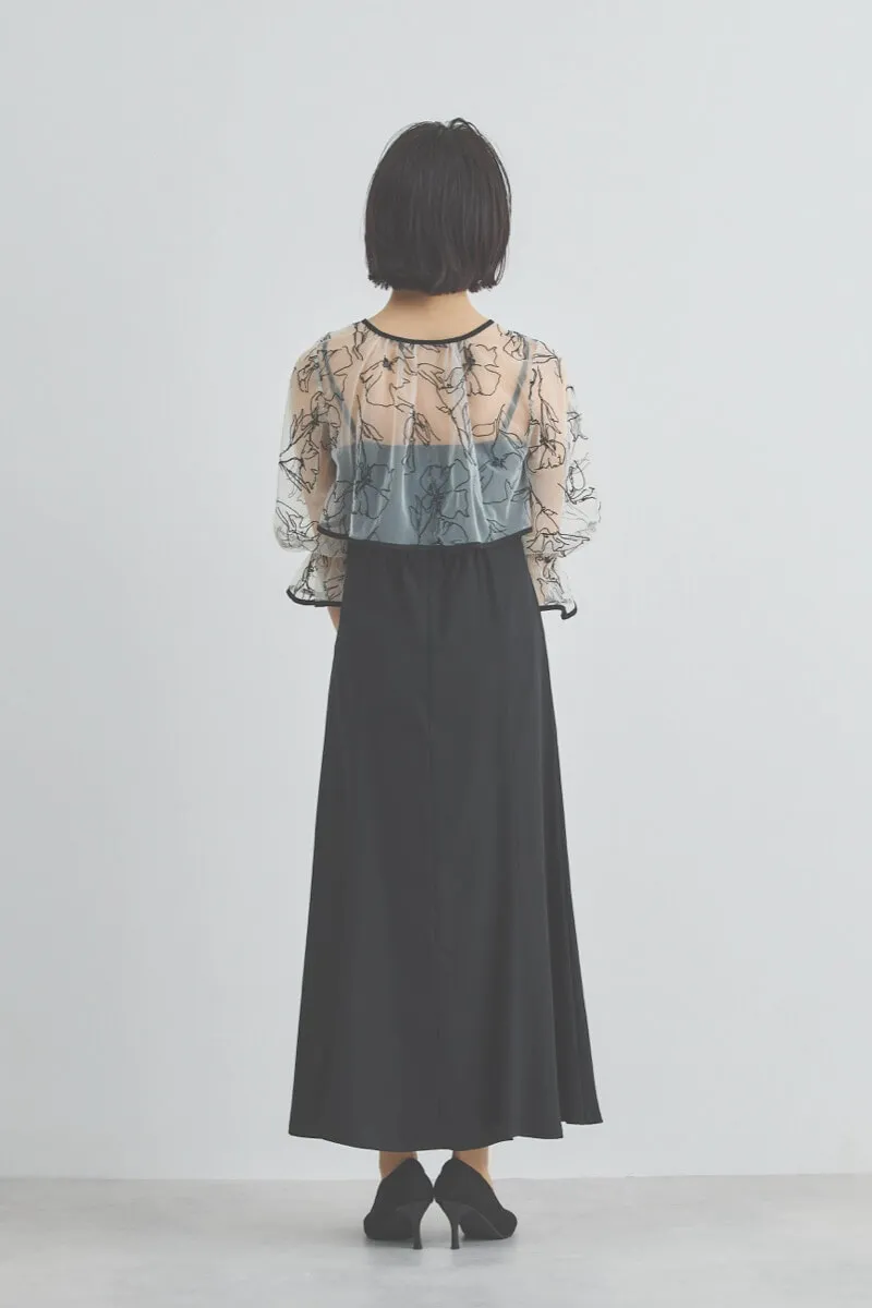 ブラックの線描フラワー刺繍ボレロセットドレス