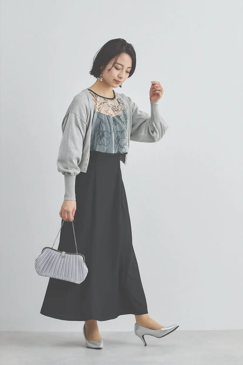 ブラックの線描フラワー刺繍ボレロセットドレス