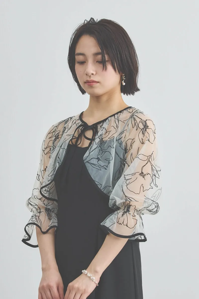 ブラックの線描フラワー刺繍ボレロセットドレス