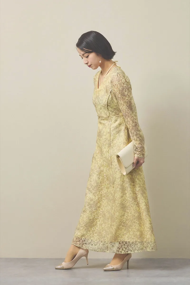 イエローのレースプリントドレス