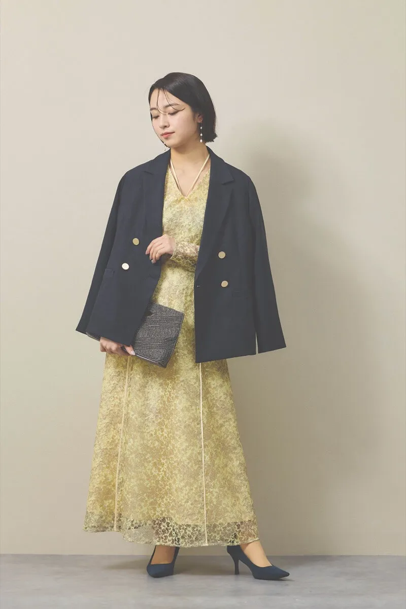 イエローのレースプリントドレス