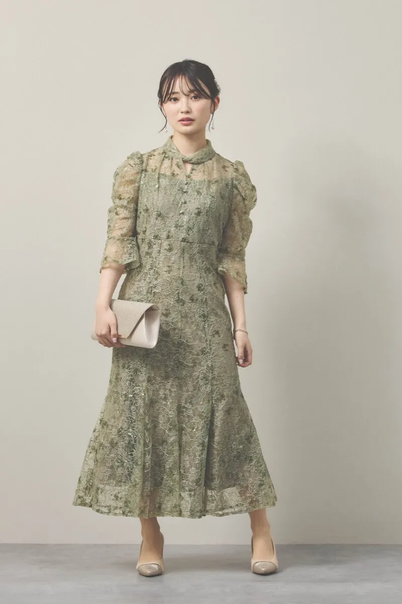 グリーンのスパンコールレースマーメイドドレス