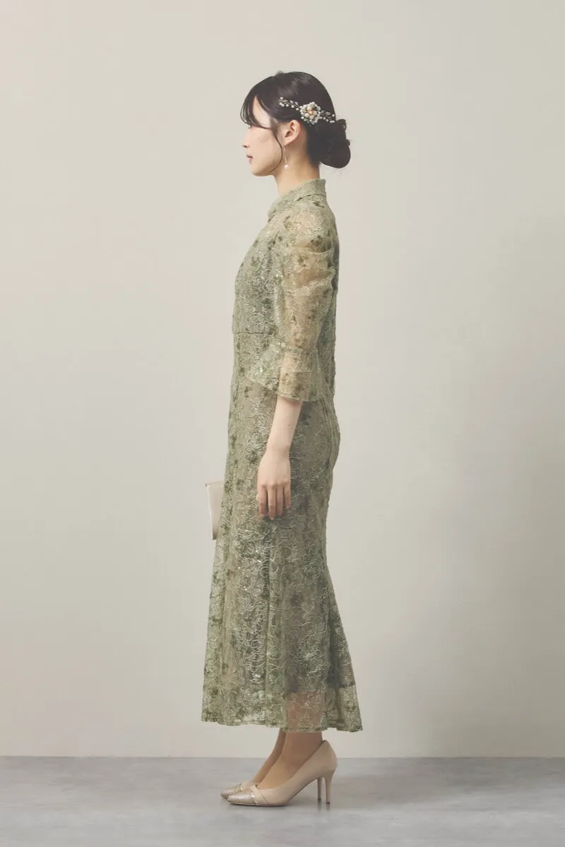 グリーンのスパンコールレースマーメイドドレス