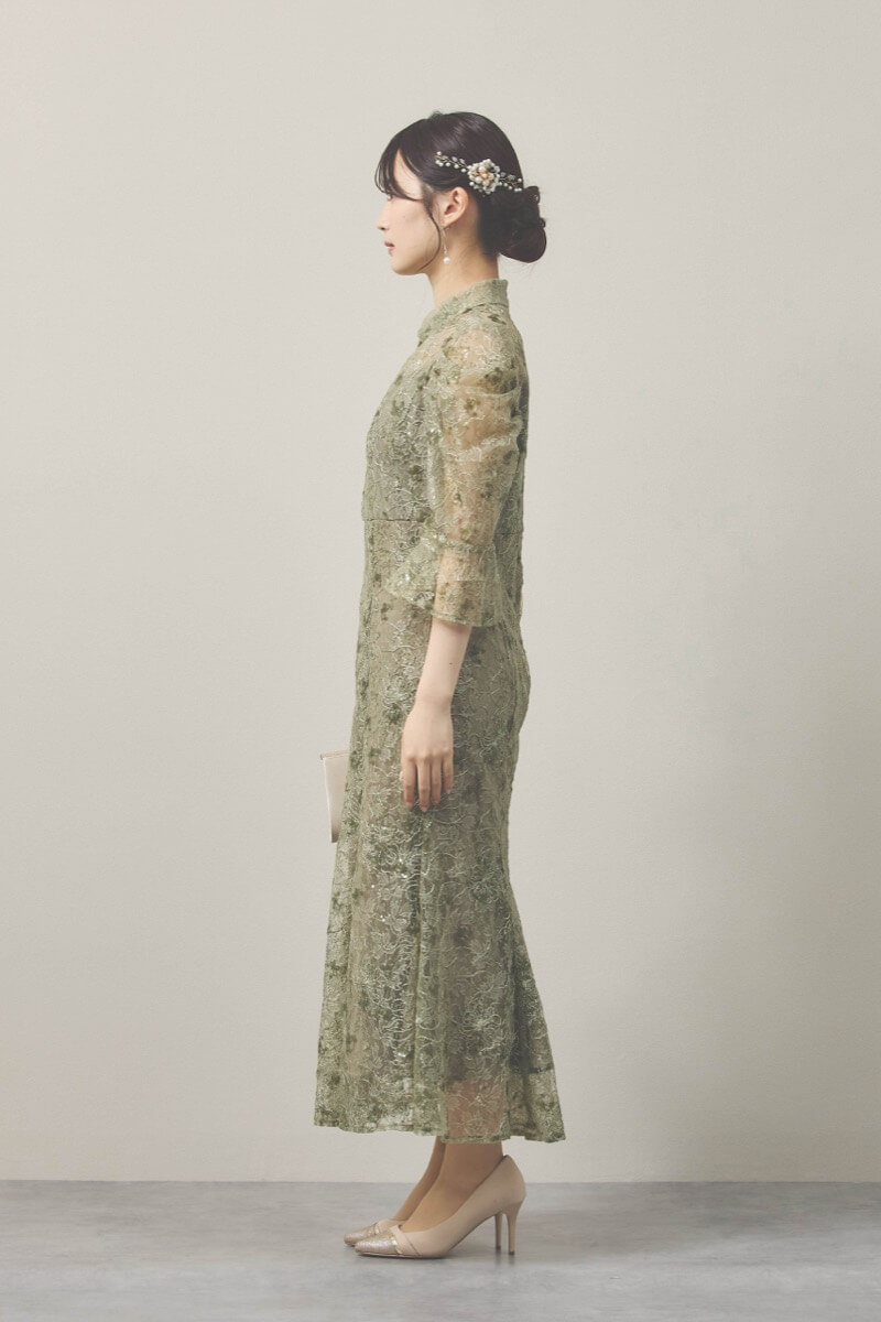 グリーンのスパンコールレースマーメイドドレス