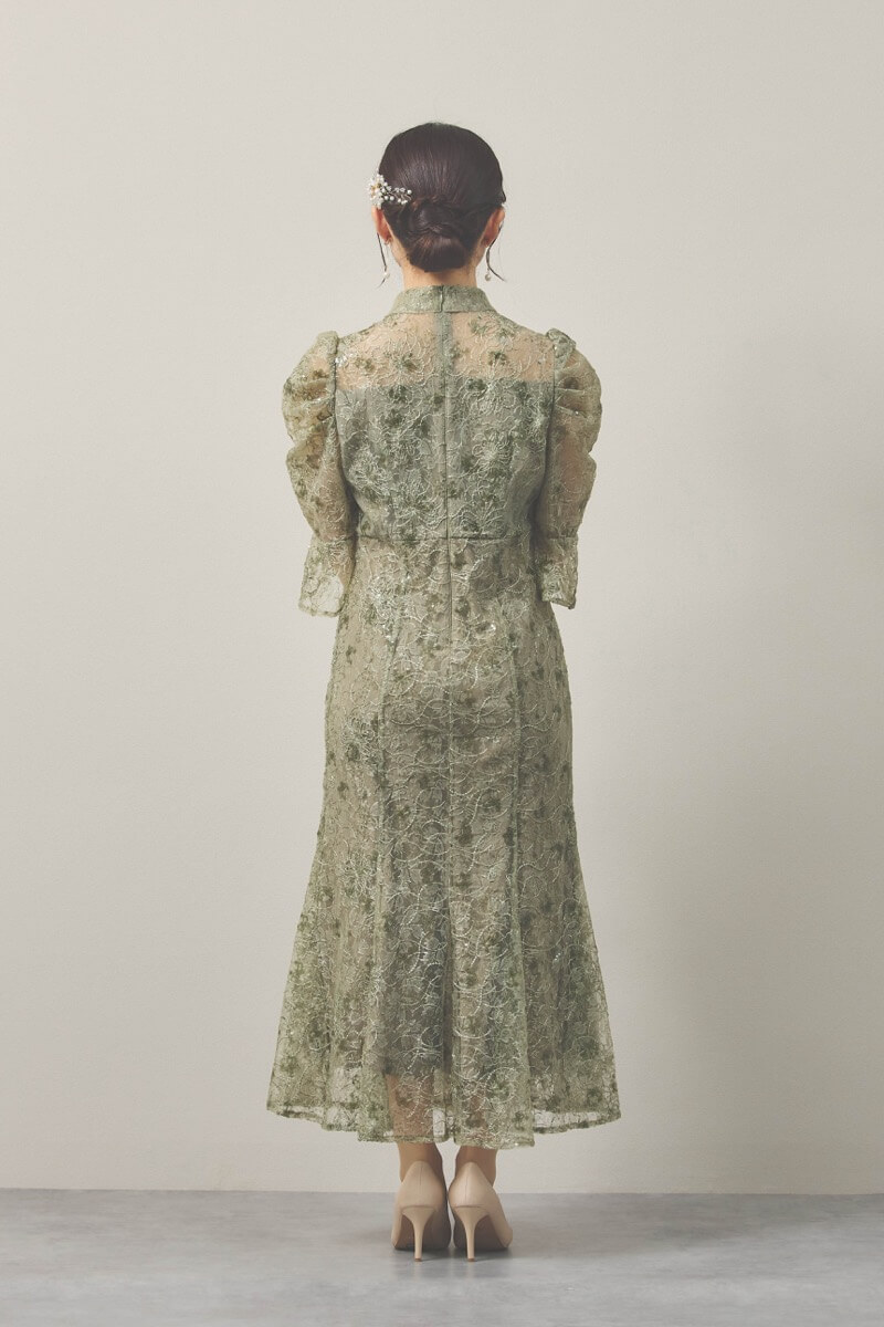 グリーンのスパンコールレースマーメイドドレス