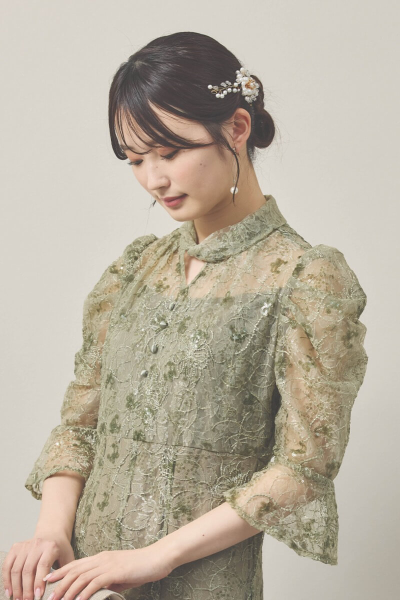 グリーンのスパンコールレースマーメイドドレス