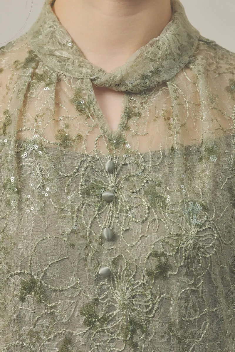 グリーンのスパンコールレースマーメイドドレス