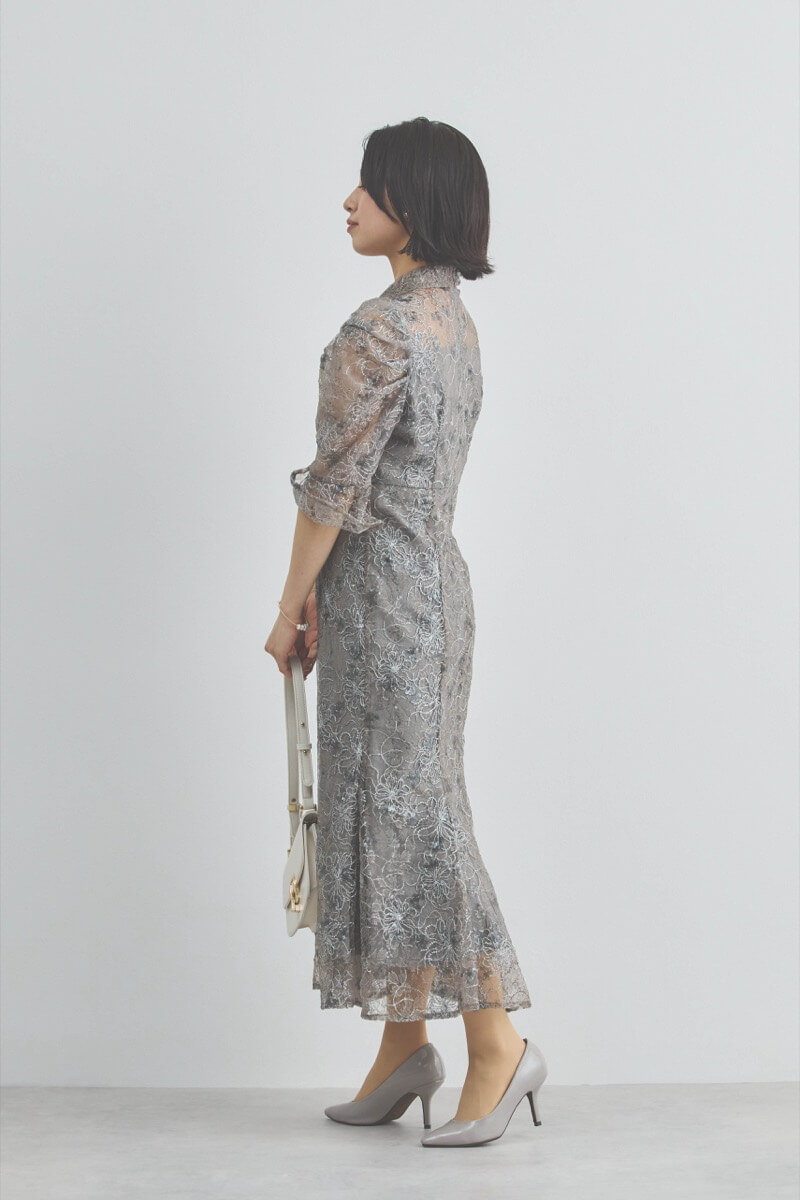 グレーのスパンコールレースマーメイドドレス