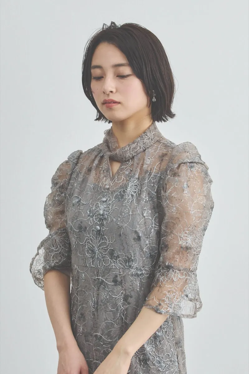 グレーのスパンコールレースマーメイドドレス