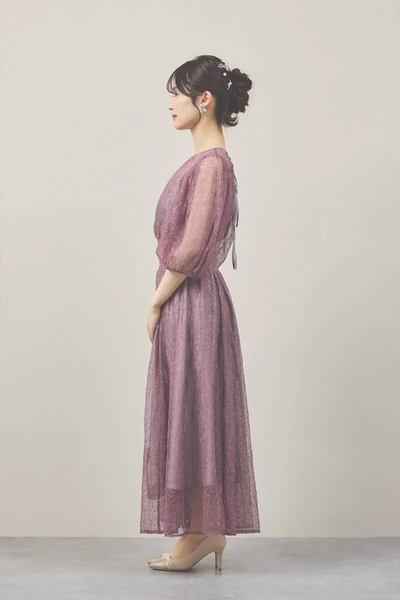 モーヴピンクのスパンコールレースボリュームスリーブドレス