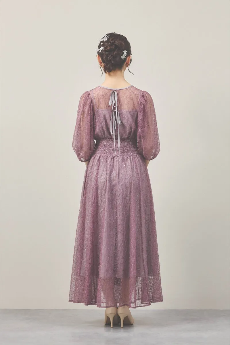 モーヴピンクのスパンコールレースボリュームスリーブドレス