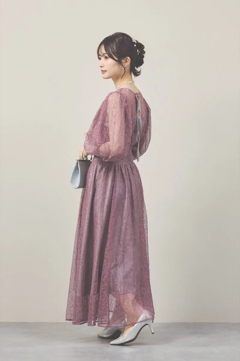 モーヴピンクのスパンコールレースボリュームスリーブドレス