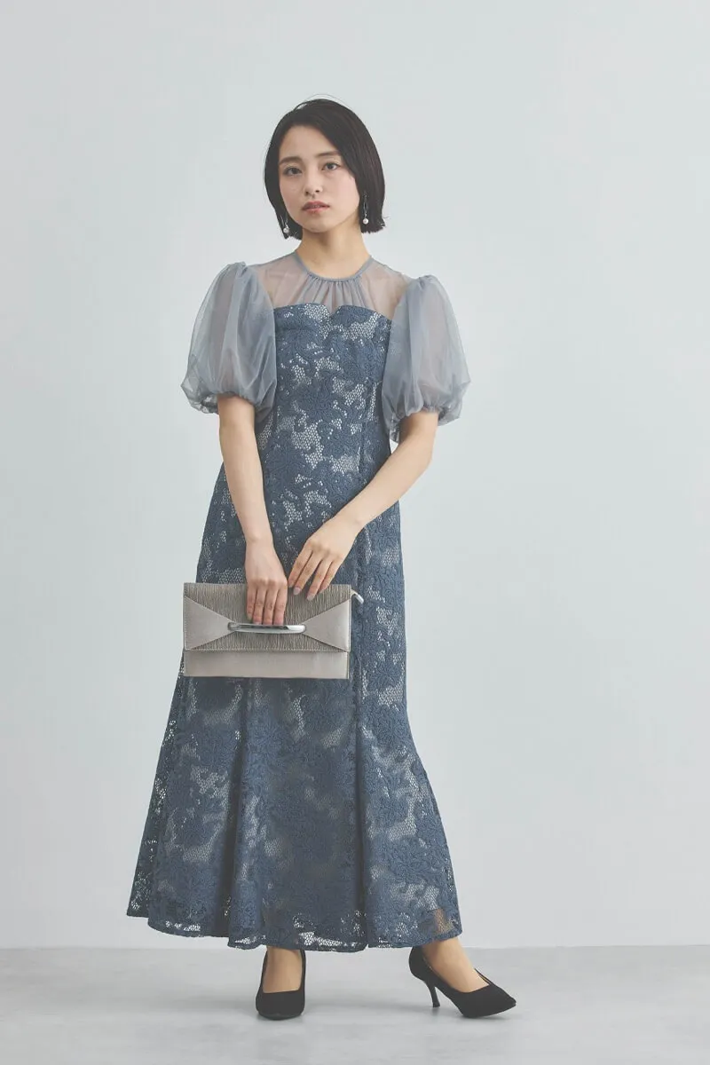 ブルーのフラワージャガードレースドレス