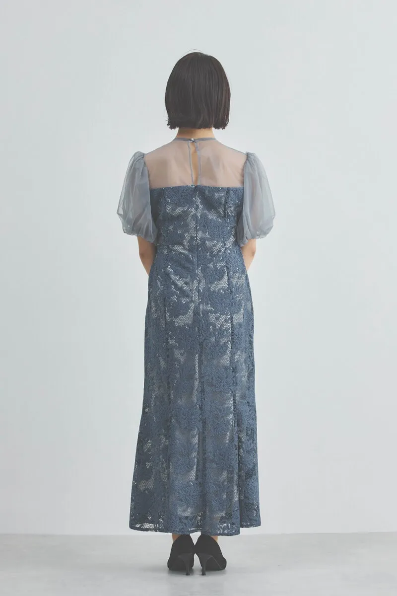 ブルーのフラワージャガードレースドレス