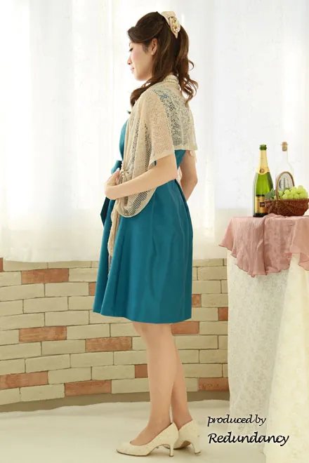 ブルーグリーンのウエストリボンフレアドレス