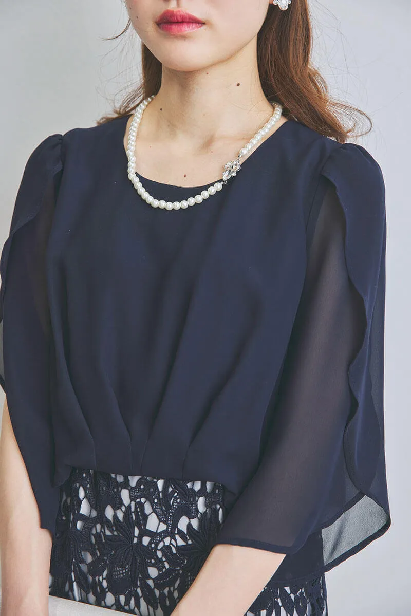 ネイビーのシフォンレースIラインドレス