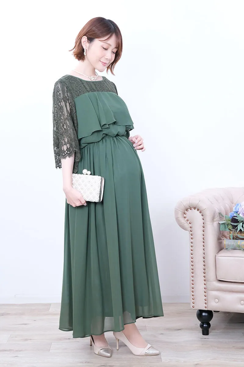 グリーンの授乳口付シフォンティアードドレス