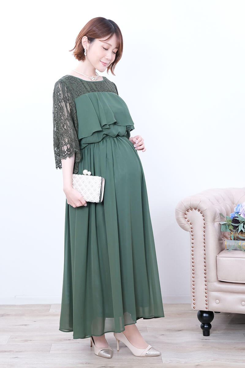 グリーンの授乳口付シフォンティアードドレス