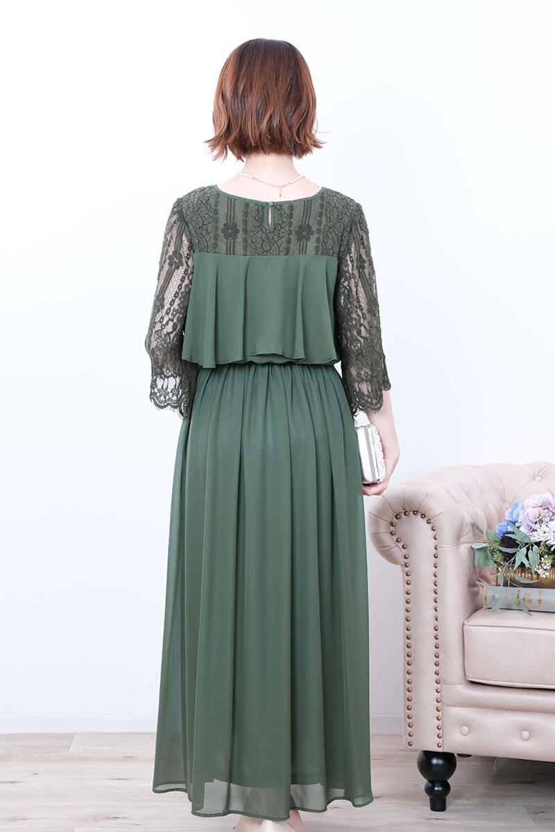グリーンの授乳口付シフォンティアードドレス