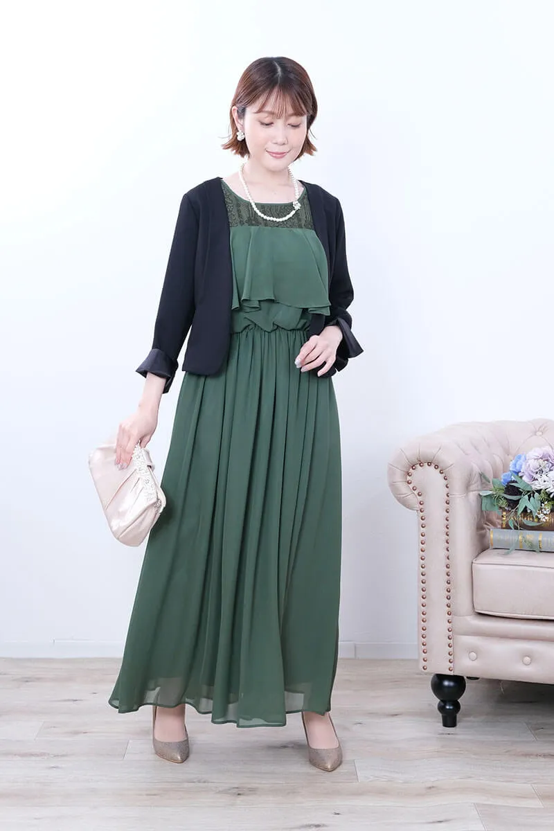 グリーンの授乳口付シフォンティアードドレス