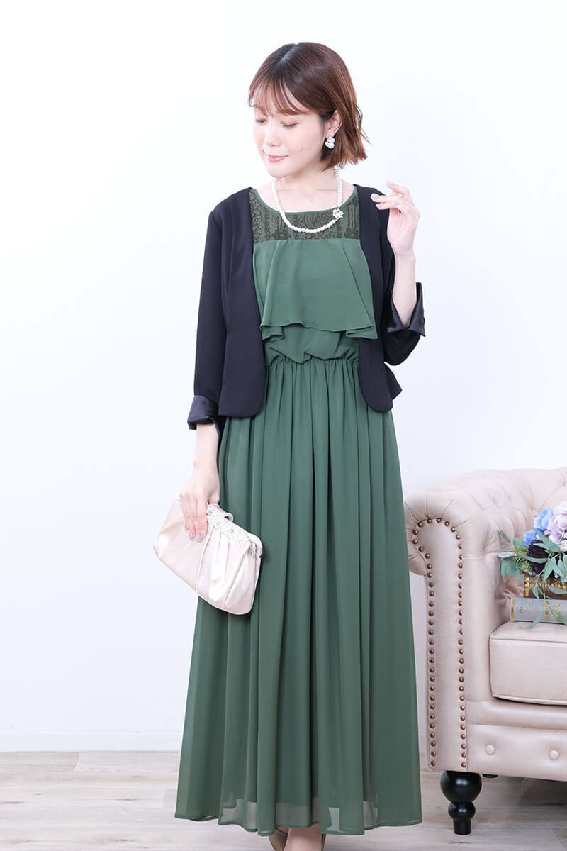 グリーンの授乳口付シフォンティアードドレス