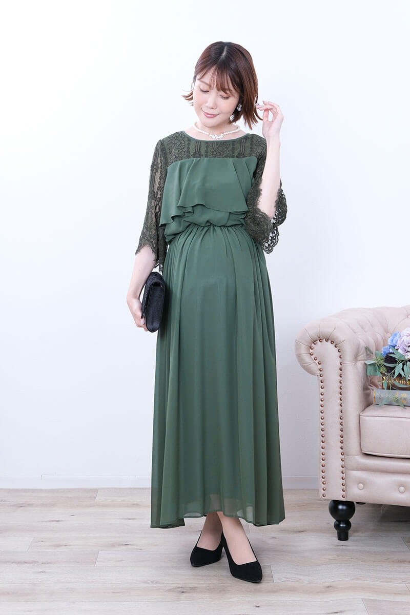 グリーンの授乳口付シフォンティアードドレス