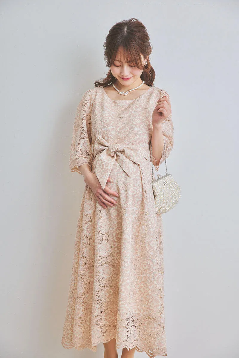 ピンクベージュの授乳口付きマタニティドレス