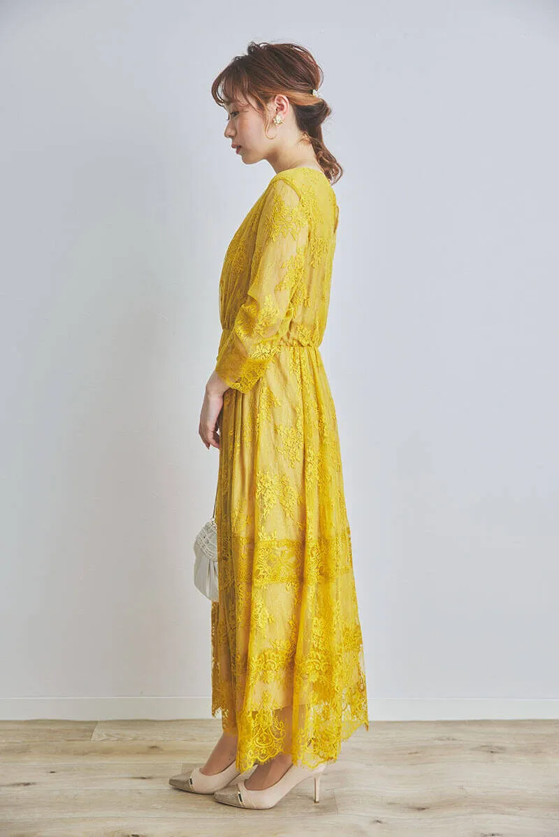 イエローのティアードレースドレス