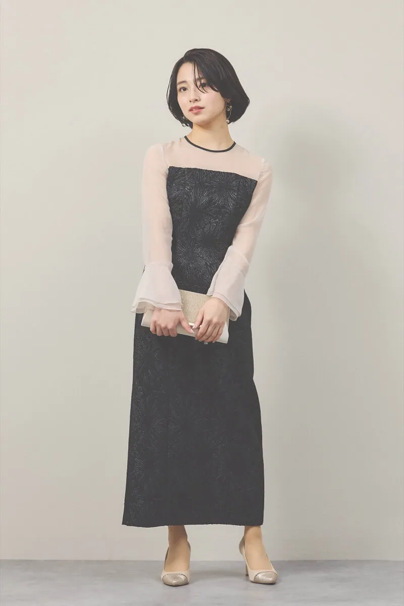 ブラックのフラワージャガードIラインドレス