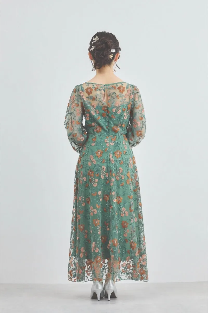 グリーンのフラワーエンブロイダリーオーガンジードレス