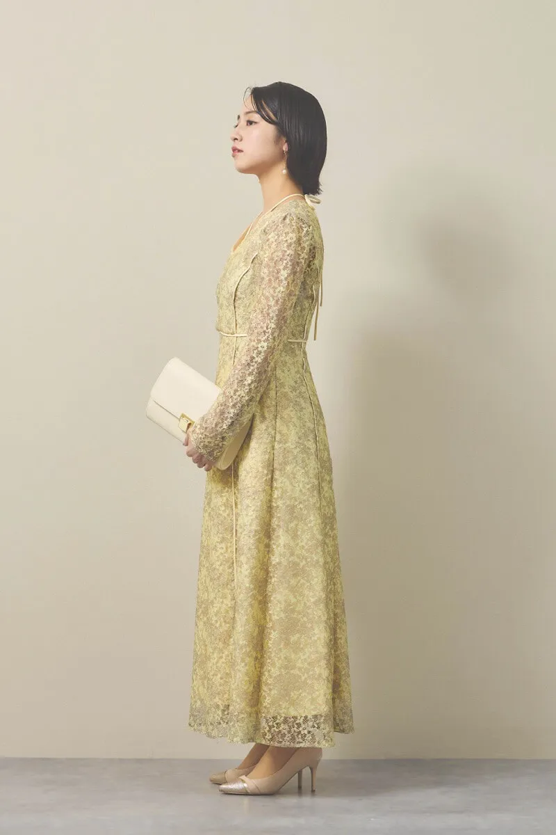 イエローのレースプリントドレス