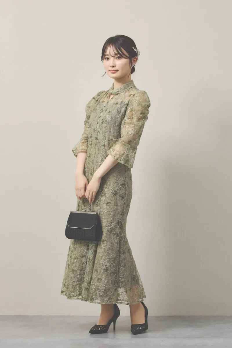 グリーンのスパンコールレースマーメイドドレス