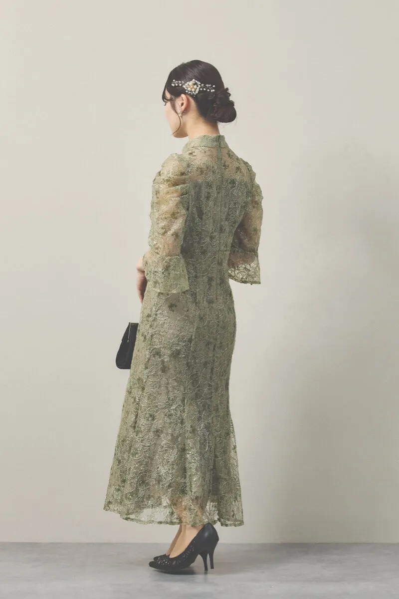 グリーンのスパンコールレースマーメイドドレス