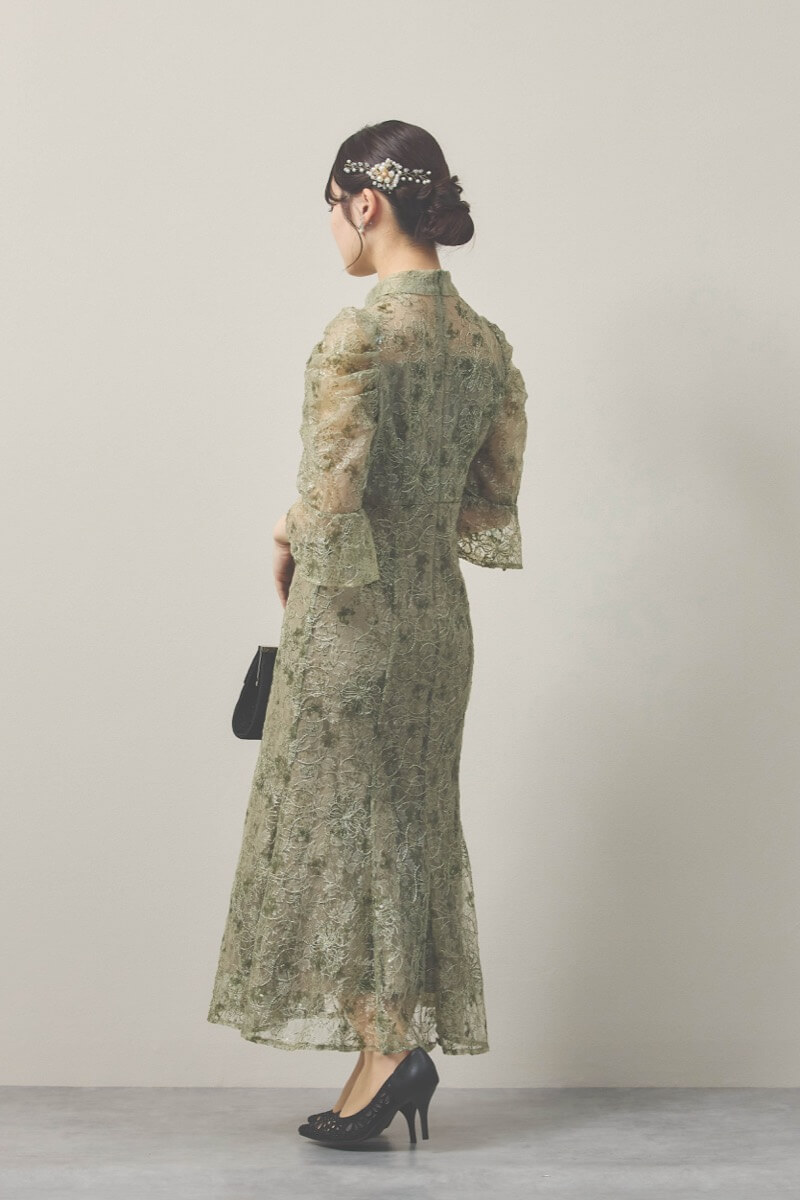 グリーンのスパンコールレースマーメイドドレス