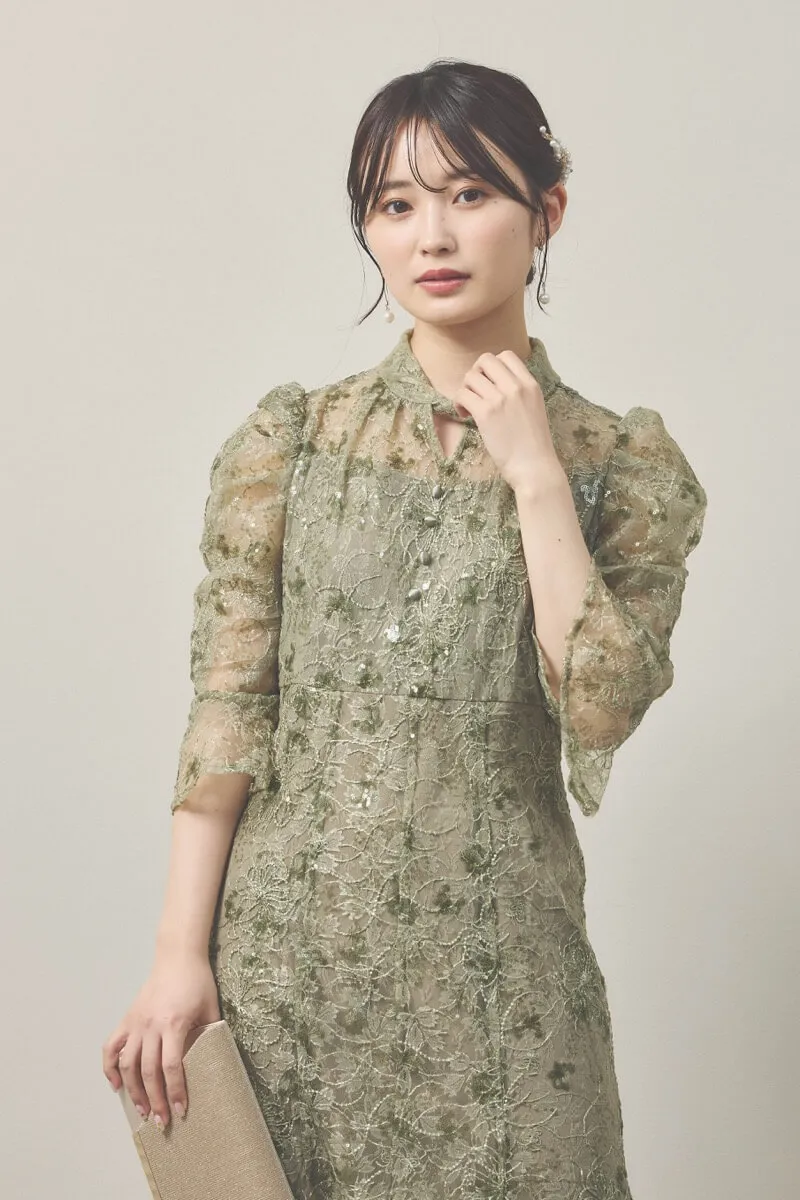 グリーンのスパンコールレースマーメイドドレス