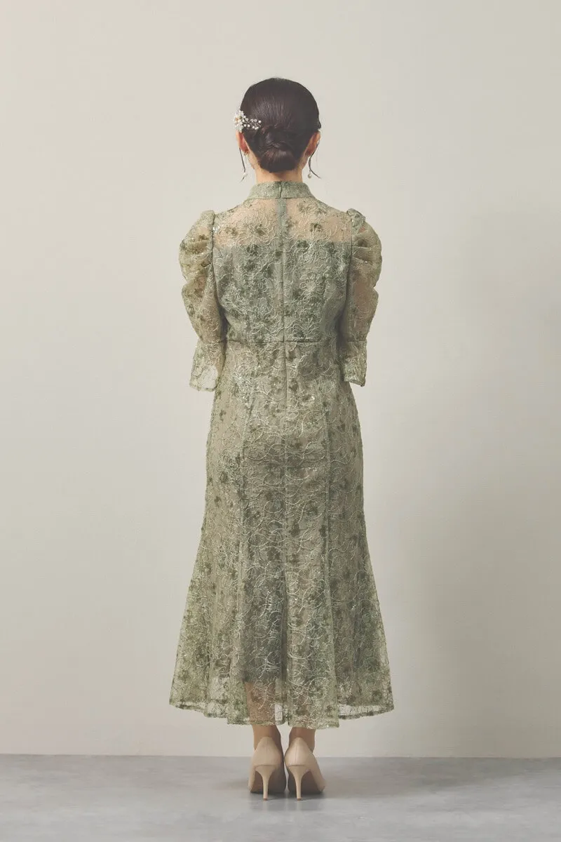 グリーンのスパンコールレースマーメイドドレス