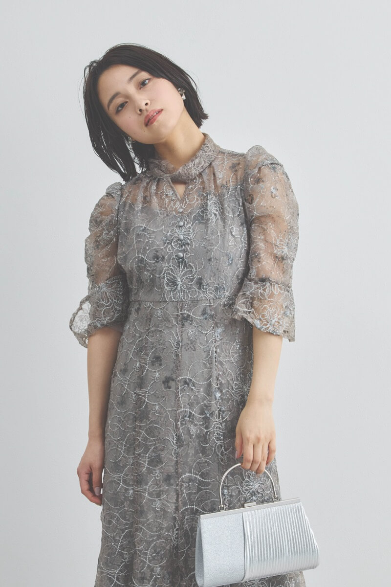 グレーのスパンコールレースマーメイドドレス