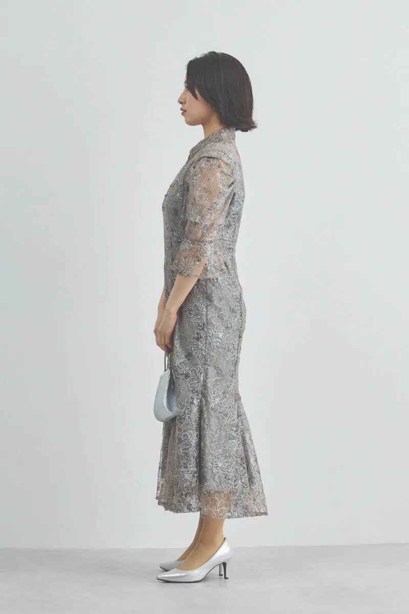 グレーのスパンコールレースマーメイドドレス