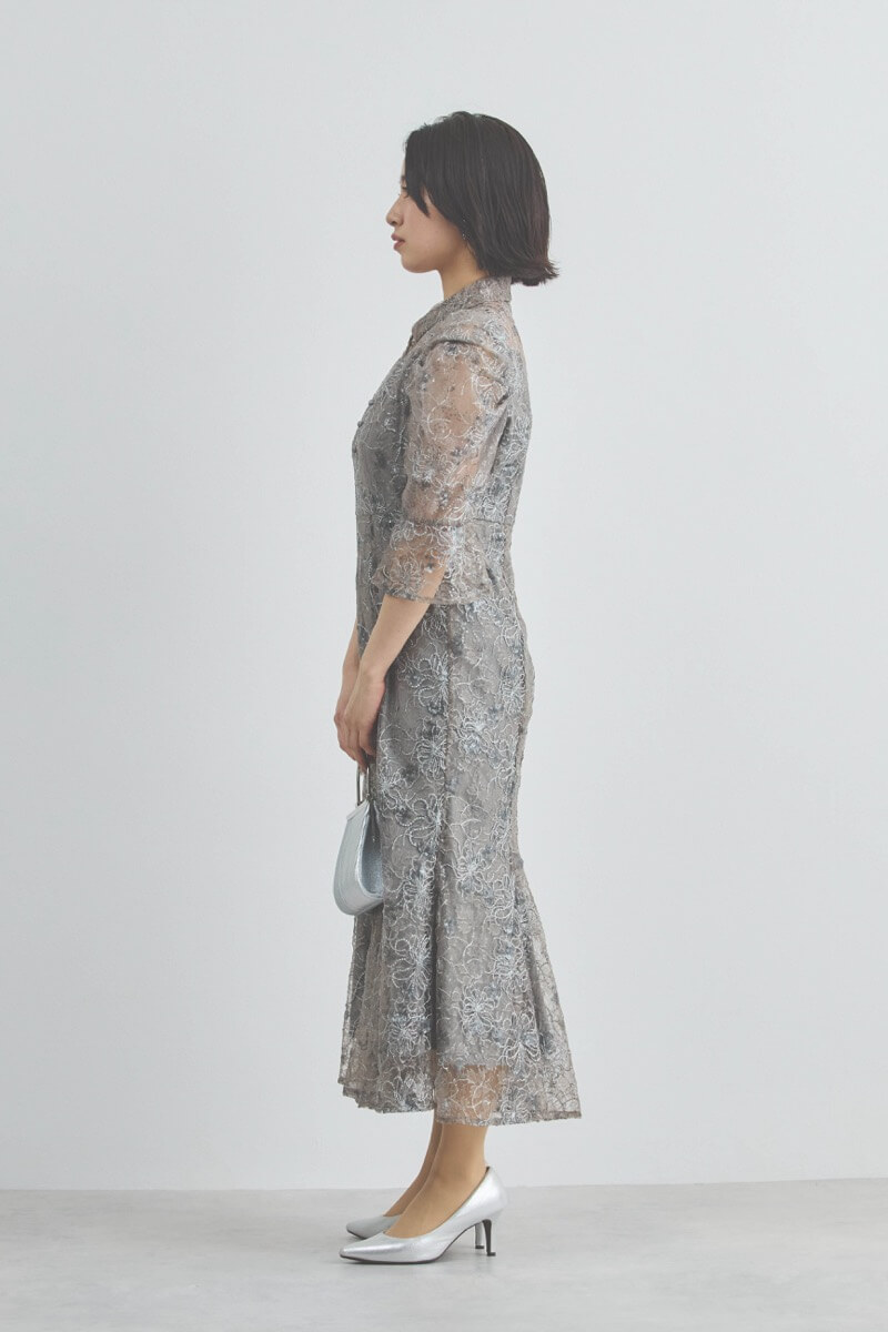 グレーのスパンコールレースマーメイドドレス