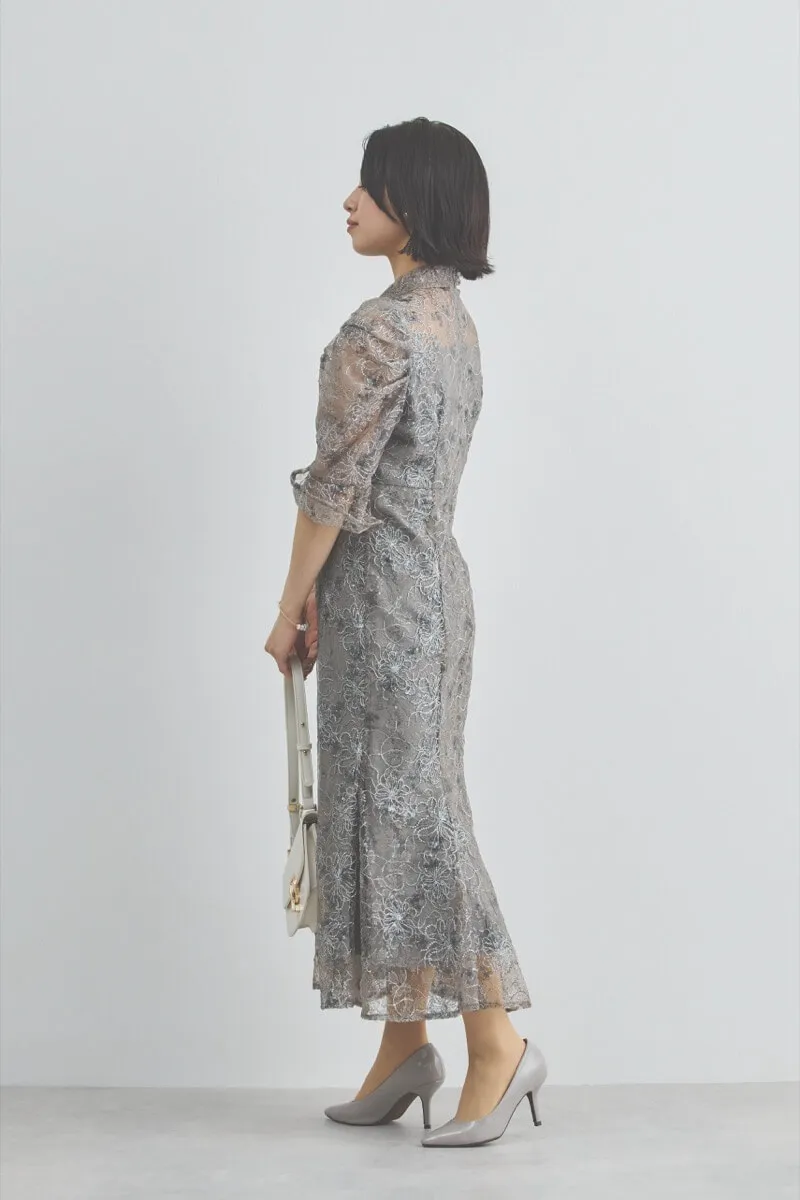 グレーのスパンコールレースマーメイドドレス