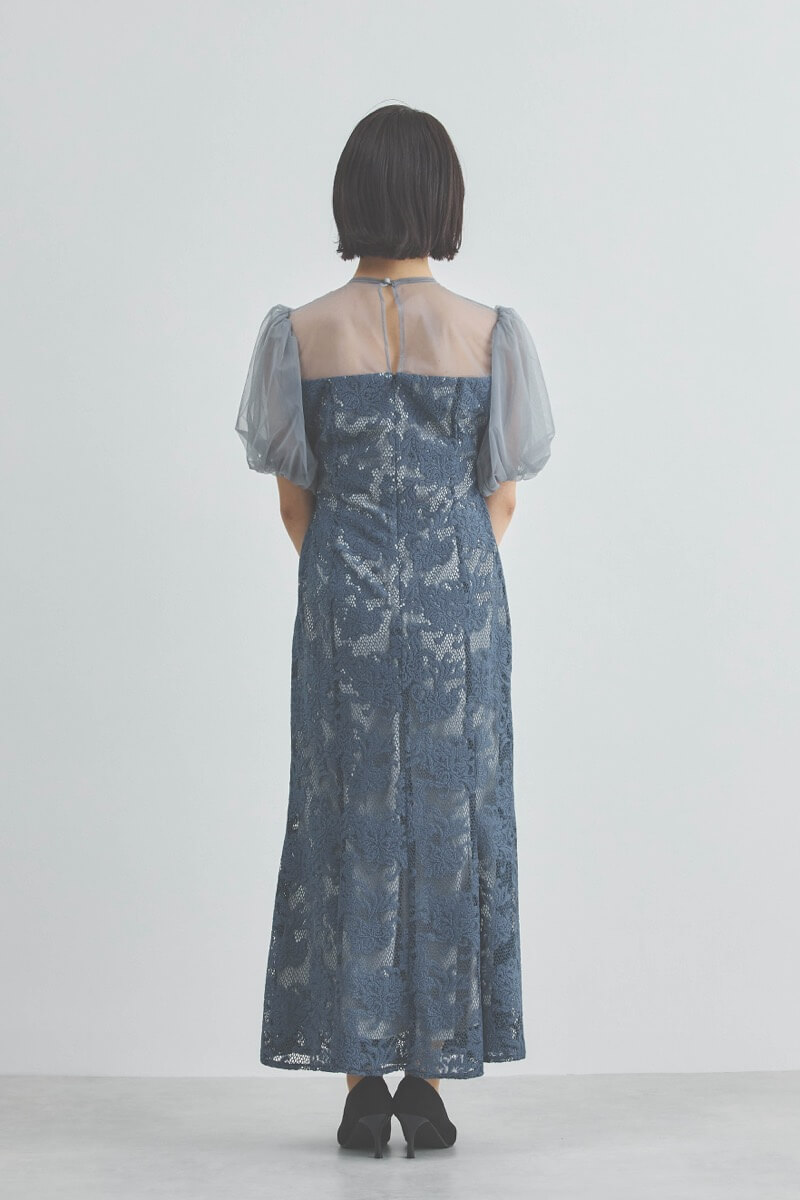 ブルーのフラワージャガードレースドレス
