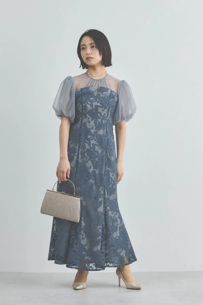 ブルーのフラワージャガードレースドレス