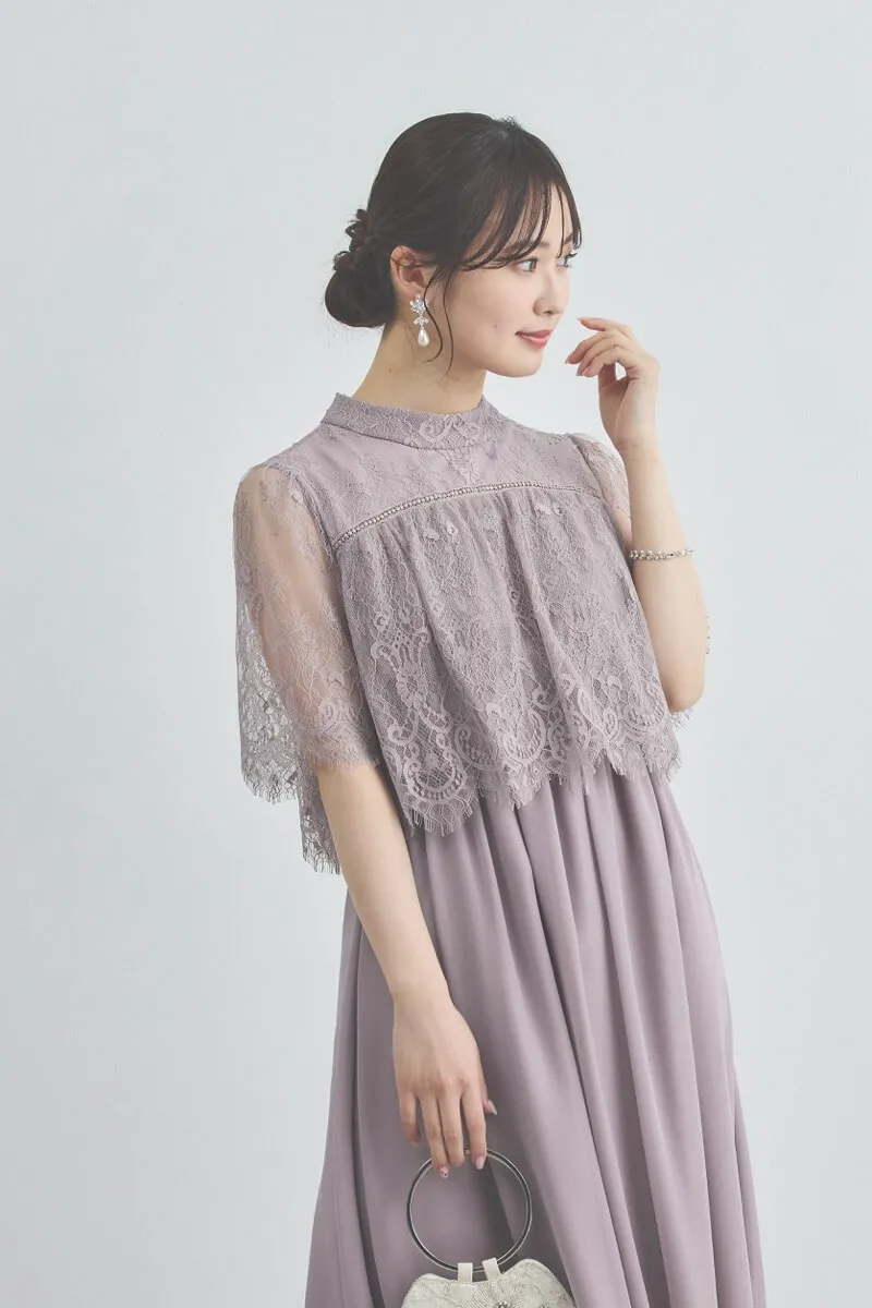 モーヴピンクの授乳口付きハイネックレースドレス