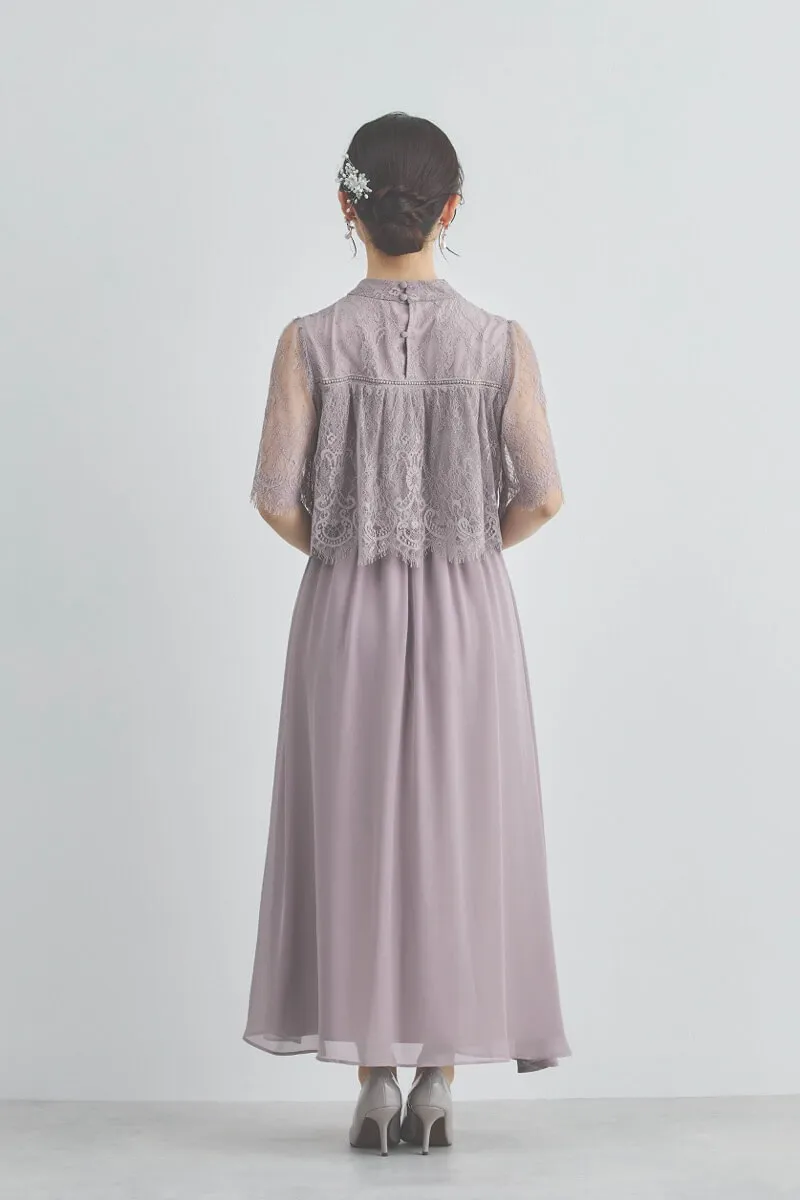 モーヴピンクの授乳口付きハイネックレースドレス