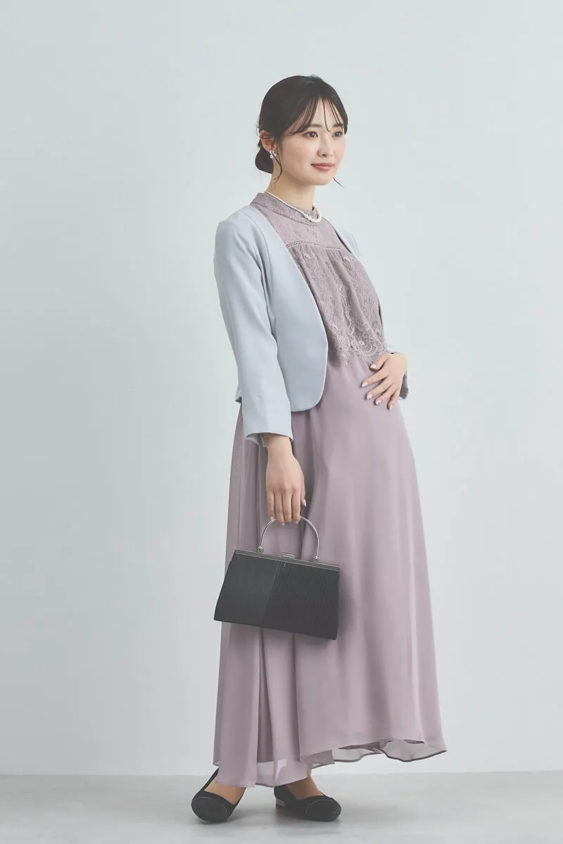 モーヴピンクの授乳口付きハイネックレースドレス