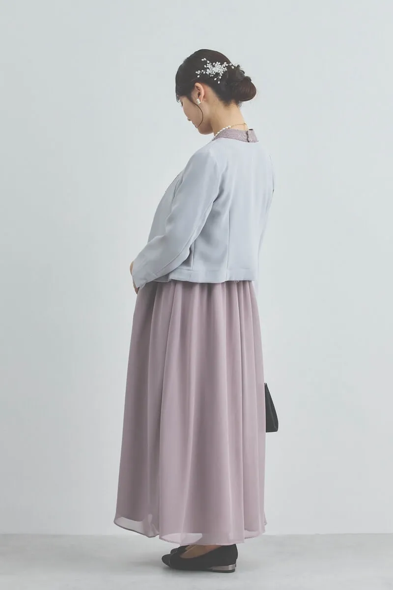 モーヴピンクの授乳口付きハイネックレースドレス