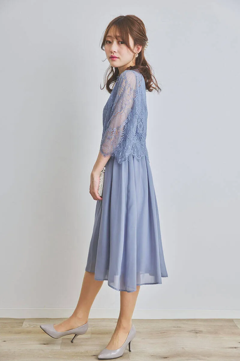 ブルーグレーのボトルネックフレアドレス